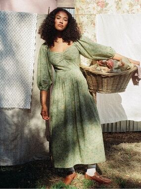 Christy Dawn Light Sage Floral Puff-Sleeve Maxi Dress